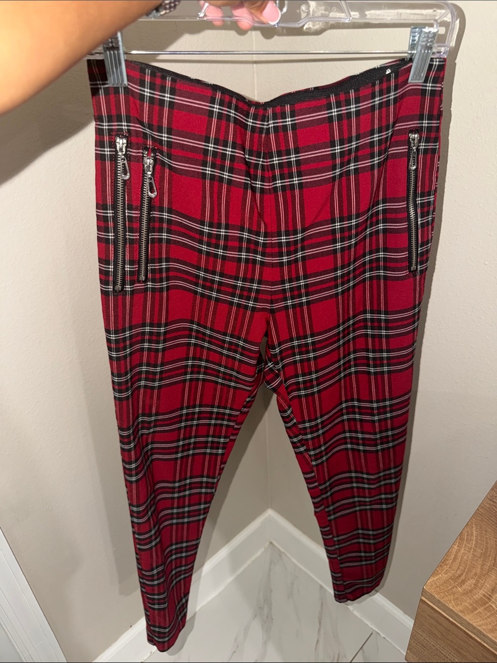 Zara Red Plaid Slim Chinos with Zip Pockets